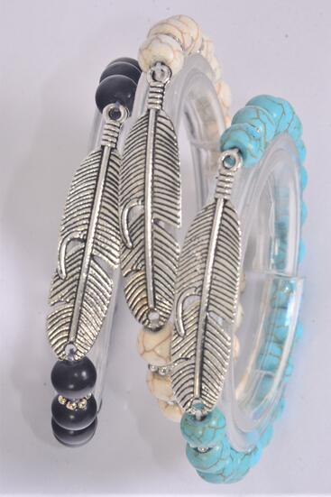 Bracelet Feather Symbol 8 mm Semiprecious Stone Stretch / 12 pcs = Dozen Stretch , 4 Of each Pattern Asst , Hang Tag and OPP Bag & UPC Code                                       