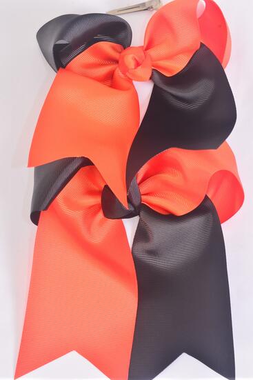 Hair Bow Extra Jumbo Long Tail 2 Tone Black Orange Mix Grosgrain Bow-tie / 12 pcs Bow = Dozen Alligator Clip , Size - 6.5" x 6" Wide ,6 of each Pattern Asst , Clip Strip & UPC Code