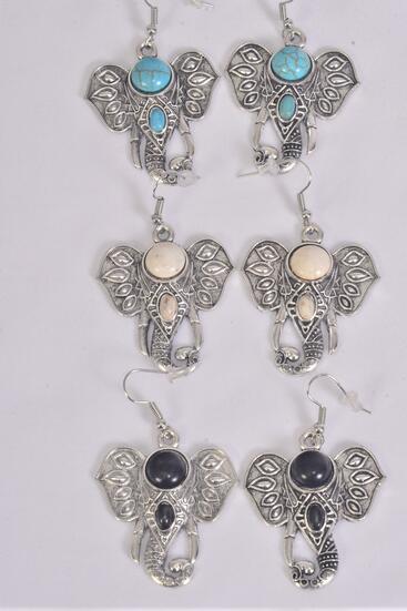 Earrings Metal Antique Elephant Semiprecious Stone / 12 pair = Dozen match 70010  Fish Hook , Size - 1.25" x 1.25" Wide , 4 Black , 4 Ivory  , 4 Turquoise Color Asst , Earring Card & OPP Bag & UPC Code 