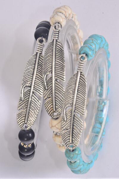Bracelet Feather Symbol 8 mm Semiprecious Stone Stretch / 12 pcs = Dozen Stretch , 4 Of each Pattern Asst , Hang Tag and OPP Bag & UPC Code                                       