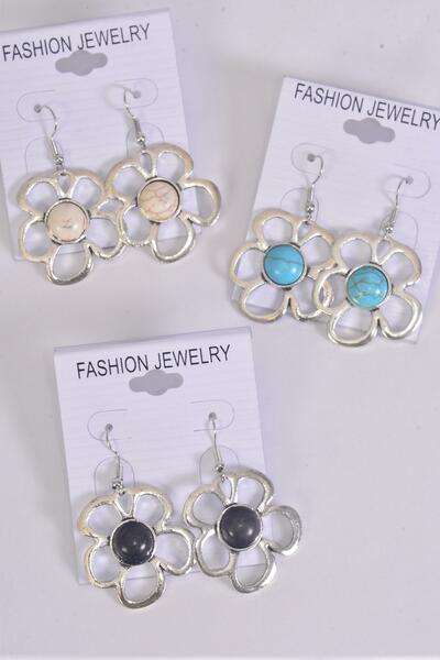 Earrings Metal Antique Flower Semiprecious Stone / 12 pair = Dozen  Fish Hook , Size - 1.25" Wide , 4 Black ,4 Ivory , 4 Turquoise Asst , Earring Card & OPP Bag & UPC Code