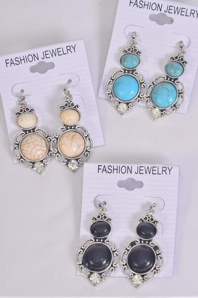 Earrings Metal Antique Dangle Semiprecious Stone / 12 pair = Dozen Fish Hook , Size - 1.5" x 1" Wide , 4 Black , 4 Ivory , 4 Turquoise Asst , Earring Card & OPP Bag & UPC Code -