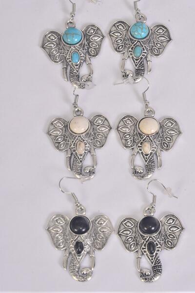 Earrings Metal Antique Elephant Semiprecious Stone / 12 pair = Dozen match 70010  Fish Hook , Size - 1.25" x 1.25" Wide , 4 Black , 4 Ivory  , 4 Turquoise Color Asst , Earring Card & OPP Bag & UPC Code 