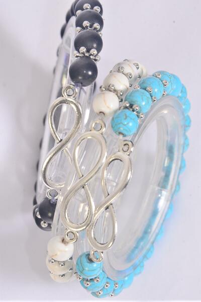 Bracelet Stretch Infinity Symbol 8 mm Semiprecious Stone / 12 pcs = Dozen Stretch , 4 Black , 4 Ivory , 4 Turquoise Asst , Hang Tag & OPP Bag & UPC Code