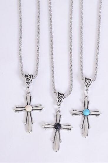 Necklace Silver Chain Metal Cross Antique Semiprecious Stone / 12 pcs = Dozen match 27120 02677 Pendant-1.5" x 1" Wide , Chain-18" Extension Chain , 4 Ivory , 4 Black , 4 Turquoise Asst , Hang Tag & OPP Bag & UPC Code