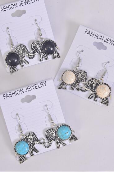 Earrings Metal Antique Elephant Semiprecious Stone / 12 pcs = Dozen  match 76014 Fish Hook , Size - 1.25" x 1" Wide , 4 Black , 4 Ivory , 4 Turquoise Asst , Earring Card & OPP Bag & UPC Code 