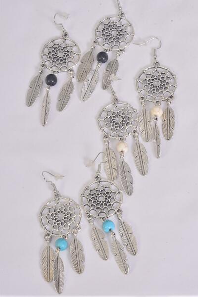 Earrings Metal Antique Dream Catcher Semiprecious Stone / 12 pair = Dozen match 70083 Fish Hook , Size - 2" x 1" Wide , 4 Black , 4 Ivory , 4 Turquoise Asst , Earring Card & OPP Bag & UPC Code