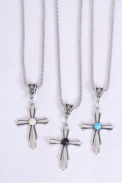 Necklace Silver Chain Metal Cross Antique Semiprecious Stone / 12 pcs = Dozen match 27120 02677 Pendant-1.5" x 1" Wide , Chain-18" Extension Chain , 4 Ivory , 4 Black , 4 Turquoise Asst , Hang Tag & OPP Bag & UPC Code