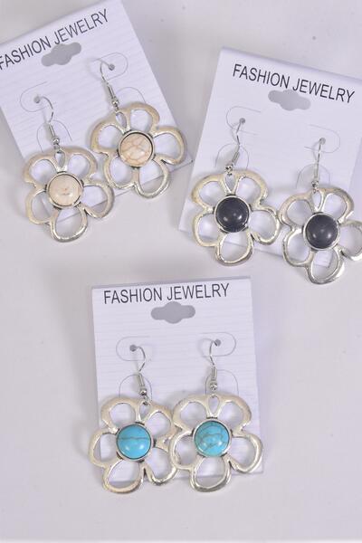 Earrings Metal Antique Flower Semiprecious Stone / 12 pair = Dozen  Fish Hook , Size - 1.25" Wide , 4 Black ,4 Ivory , 4 Turquoise Asst , Earring Card & OPP Bag & UPC Code