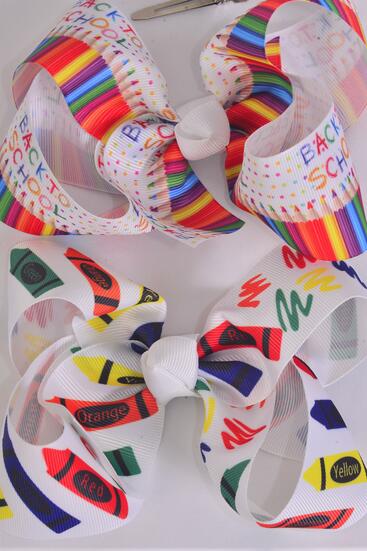 Hair Bow Jumbo Crayons Color Pencil Back to School Etc Grosgrain Bow-tie / 12 pcs Bow = Dozen Alligator Clip , Size - 6" x 5" Wide , 6 Of Each Pattern Asst , Clip Strip & UPC Code