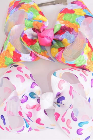 Hair Bow Jumbo Gummy Bear & Jelly Bean Candies  Mix Grosgrain Bow-tie / 12 pcs Bow = Dozen Alligator Clip , Size - 6" x 5" Wide , 6 Of Each Pattern Asst , Clip Strip & UPC Code