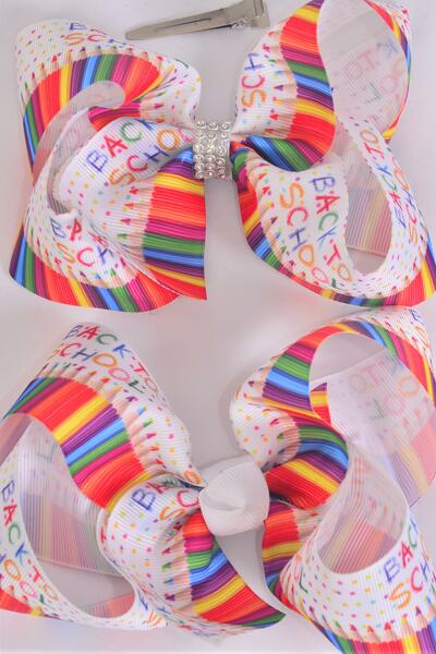 Hair Bow Jumbo Color Pencil Back to school Grosgrain Bow-tie / 12 pcs Bow = Dozen  Alligator Clip , Size - 6" x 5" Wide , 6 of each Pattern Asst , Clip Strip & UPC Code