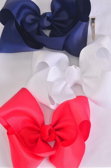 Hair Bow Extra Jumbo Cheer Type Bow Red White Navy Mix Grosgrain Bow-tie / 12 pcs Bow = Dozen  Alligator Clip , Size - 8" x 7" Wide , 4 Red , 4 White , 4 Navy Color Asst , Clip Strip & UPC Code