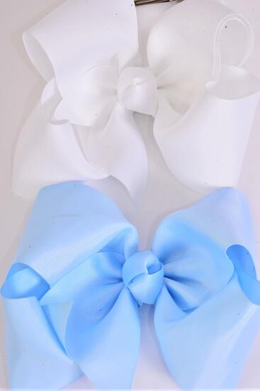 Hair Bow Cheer Type Bow Sky Blue White Color Mix Grosgrain Bow-tie / 12 pcs Bow = Dozen Alligator Clip , Size - 8" x 7" Wide , 6 Sky Blue , 6 White Color Asst , Clip Strip & UPC Code