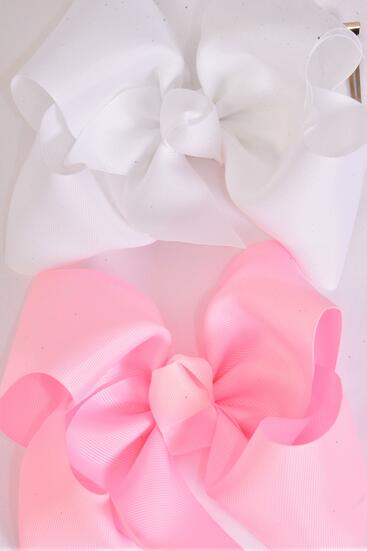 Hair Bow Extra Jumbo Cheer Type Bow Baby Pink White Color Mix Grosgrain Bow-tie / 12 pcs Bow = Dozen  Alligator Clip , Size - 8" x 7" Wide , 6 Baby Pink , 6 White Color Asst , Clip Strip & UPC Code