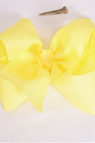 Hair Bow Extra Jumbo Cheer Type Bow  Baby Yellow Grosgrain Bow-tie / 12 pcs Bow = Dozen Baby Yellow , Alligator Clip , Size - 8" x 7" Wide , Clip Strip & UPC Code