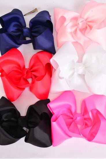 Hair Bow Extra Jumbo Cheer Type Bow Multi Grosgrain Bow-tie / 12 pcs Bow = Dozen  Alligator Clip , Size - 8" x 7" Wide , 2 Black , 2 Red , 2 Navy  ,2 White , 2 Hot Pink , 2 Baby Pink Color Asst , Clip Strip and UPC Code