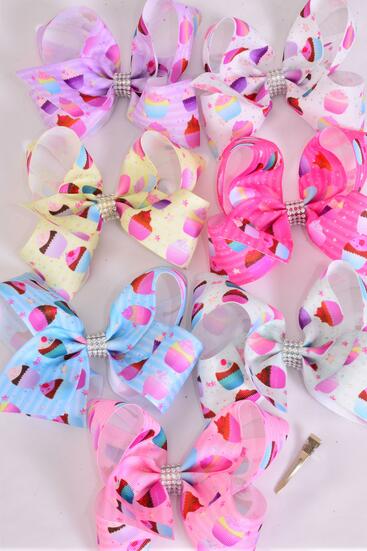 Hair Bow Jumbo Cupcake Mix Grosgrain Bow-tie Pastel / 12 pcs Bow = Dozen Alligator Clip , Size - 6" x 5" Wide , 2 White , 2 Baby Pink , 2 Lavender , 2 Hot Pink , 2 Mint , 1 Blue , 1 Yellow Asst , Clip Strip & UPC Code