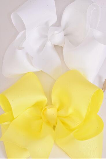 Hair Bow Extra Jumbo Cheer Type Bow Baby Yellow White Mix Grosgrain Bow-tie / 12 pcs Bow = Dozen  Alligator Clip , Size - 8" x 7" Wide , 6 Baby Yellow , 6 White Color Asst , Clip Strip & UPC Code