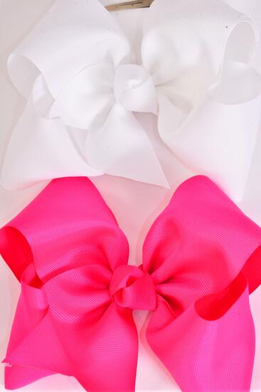 Hair Bow Extra Jumbo Cheer Type Bow Fuchsia White Color Mix Grosgrain Bow-tie / 12 pcs Bow = Dozen Alligator Clip , Size - 8" x 7" Wide , 6 Fuchsia , 6 White Color Asst , Clip Strip & UPC Code