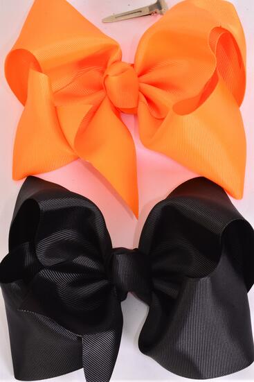 Hair Bow Cheer Type Bow Black Orange Color Mix Grosgrain Bow-tie / 12 pcs Bow = Dozen Alligator Clip , Size - 8" x 7" Wide ,  6 of each Color Asst , Clip Strip & UPC Code 