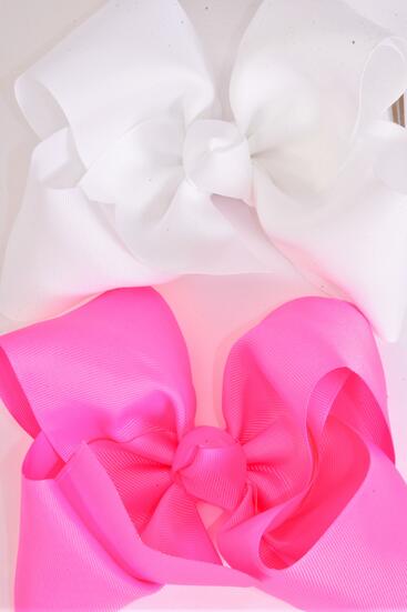 Hair Bow Extra Jumbo Cheer Type Bow Hot Pink White Color Mix Grosgrain Bow-tie / 12 pcs Bow = Dozen Alligator Clip , Size - 8 x 7" Wide , 6 Hot Pink , 6 White Color Asst , Clip Strip & UPC Code