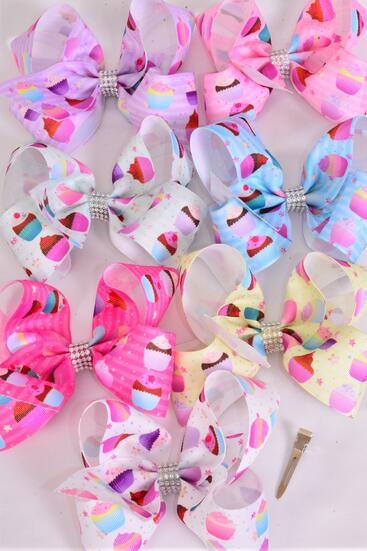 Hair Bow Jumbo Double Layered Cupcake Muffin Grosgrain Bow-tie Pastel / 12 pcs Bow = Dozen Alligator Clip , Size - 6" x 5" Wide , 2 White , 2 Baby Pink , 2 Lavender , 2 Hot Pink , 2 Mint ,1 Blue ,1 Yellow Color Asst , Clip Strip & UPC Code