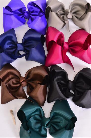 Hair Bow Extra Jumbo Cheer Type Bow Dark Multi Grosgrain Bow-tie /  12 pcs Bow = Dozen   Alligator Clip , Size - 8" x 7" Wide , 2 Black , 2 Brown , 2 Navy , 2 Burgundy , 2 Purple , 1 Hunter Green , 1 Gray Asst , Clip Strip & UPC Code