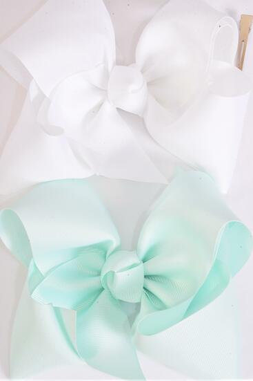 Hair Bow Extra Jumbo Cheer Type Bow Mint Green White Color Mix Grosgrain Bow-tie /12 pcs Bow = Dozen  Alligator Clip , Size - 8" x 7" Wide , 6 Mint Green , 6 White Color Asst , Clip Strip & UPC Code
