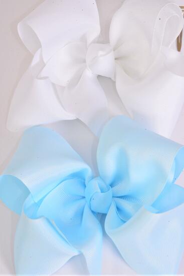 Hair Bow Cheer Type Bow Baby Blue White Mix Grosgrain Bow-tie / 12 pcs Bow = Dozen Alligator Clip , Size - 8" x 7" Wide , 6 Baby Blue , 6 White Color Asst , Clip Strip & UPC Code