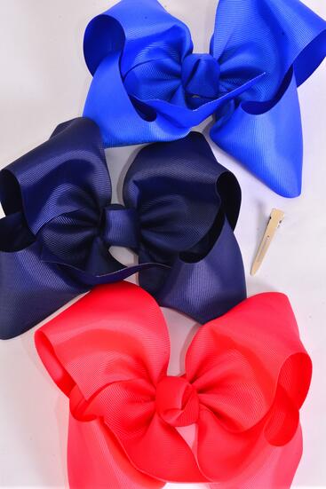 Hair Bow Extra Jumbo Cheer Type Bow Red Royal Blue Navy Mix Grosgrain Bow-tie / 12 pcs Bow = Dozen Alligator Clip , Size - 8" x 7" Wide , 4 of Each Color Asst , Clip Strip & UPC Code
