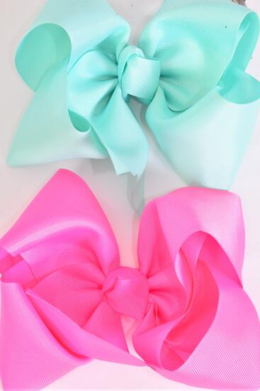 Hair Bow Extra Jumbo Cheer Type Bow Aqua Hot Pink Color Mix Grosgrain Bow-tie / 12 pcs Bow = Dozen Alligator Clip , Size - 8" x 7" Wide , 6 Hot Pink , 6 Aqua Color Asst , Clip Strip & UPC Code-