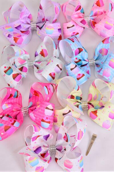 Hair Bow Jumbo Cupcake Mix Grosgrain Bow-tie Pastel / 12 pcs Bow = Dozen Alligator Clip , Size - 6" x 5" Wide , 2 White , 2 Baby Pink , 2 Lavender , 2 Hot Pink , 2 Mint , 1 Blue , 1 Yellow Asst , Clip Strip & UPC Code