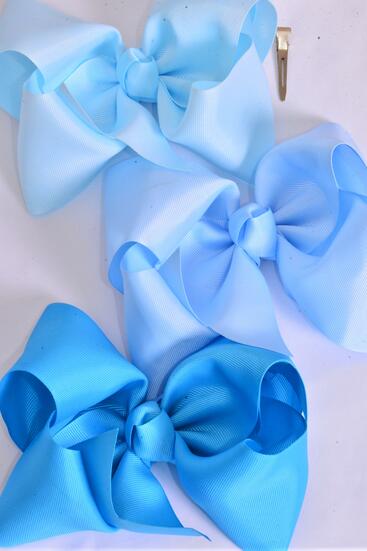 Hair Bow Extra Jumbo Cheer Type Bow Blue Mix Grosgrain Bow-tie / 12 pcs Bow = Dozen  Blue Mix , Alligator Clip , Size - 8" x 7" Wide , 4 Turquoise , 4 Sky Blue , 4 Baby Blue Mix , Clip Strip & UPC Code