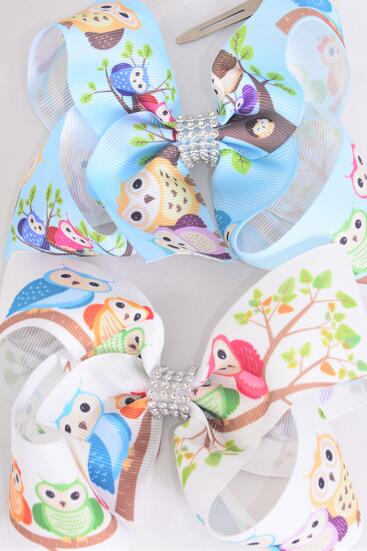 Hair Bow Jumbo Cute Owl Grosgrain Bow-tie / 12 pcs Bow = Dozen Owl , Alligator Clip , Size - 6" x 5" Wide , 6 Of Each Pattern Asst , Clip Strip & UPC Code