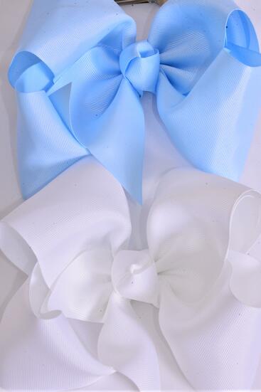 Hair Bow Cheer Type Bow Sky Blue White Color Mix Grosgrain Bow-tie / 12 pcs Bow = Dozen Alligator Clip , Size - 8" x 7" Wide , 6 Sky Blue , 6 White Color Asst , Clip Strip & UPC Code