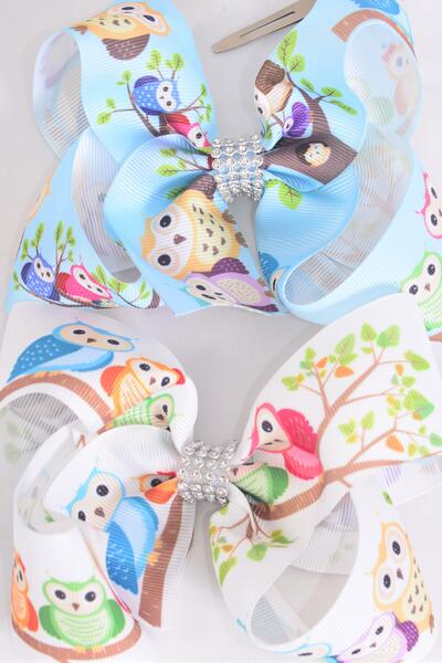 Hair Bow Jumbo Cute Owl Grosgrain Bow-tie / 12 pcs Bow = Dozen Owl , Alligator Clip , Size - 6" x 5" Wide , 6 Of Each Pattern Asst , Clip Strip & UPC Code