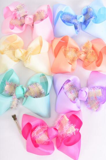 Hair Bow Jumbo Double Layered Tweed Accent Grosgrain Bow-tie Pastel / 12 pcs Bow = Dozen Alligator Clip , Size - 6" x 5" Wide , 2 Beige , 2 Pink , 2 Lavender , 2 Hot Pink , 2 Blue , 1 Peach , 1 mint Green Asst , Clip Strip and UPC Code