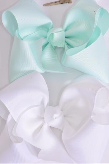 Hair Bow Extra Jumbo Cheer Type Bow Mint Green White Color Mix Grosgrain Bow-tie /12 pcs Bow = Dozen  Alligator Clip , Size - 8" x 7" Wide , 6 Mint Green , 6 White Color Asst , Clip Strip & UPC Code