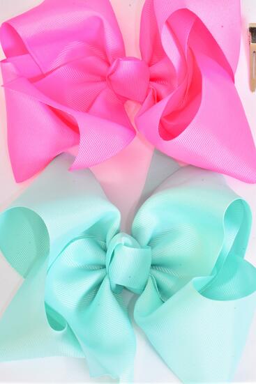 Hair Bow Extra Jumbo Cheer Type Bow Aqua Hot Pink Color Mix Grosgrain Bow-tie / 12 pcs Bow = Dozen Alligator Clip , Size - 8" x 7" Wide , 6 Hot Pink , 6 Aqua Color Asst , Clip Strip & UPC Code-