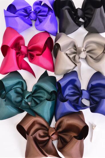 Hair Bow Extra Jumbo Cheer Type Bow Dark Multi Grosgrain Bow-tie /  12 pcs Bow = Dozen   Alligator Clip , Size - 8" x 7" Wide , 2 Black , 2 Brown , 2 Navy , 2 Burgundy , 2 Purple , 1 Hunter Green , 1 Gray Asst , Clip Strip & UPC Code