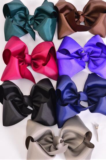 Hair Bow Jumbo Dark Multi Grosgrain Bow-tie / 12 pcs Bow = Dozen Alligator Clip , Size - 6" x 5" Wide , 2 Black , 2 Brown , 2 Navy , 2 Burgundy , 2 Purple , 1 Hunter Green , 1 Gray Asst , Clip Strip & UPC Code
