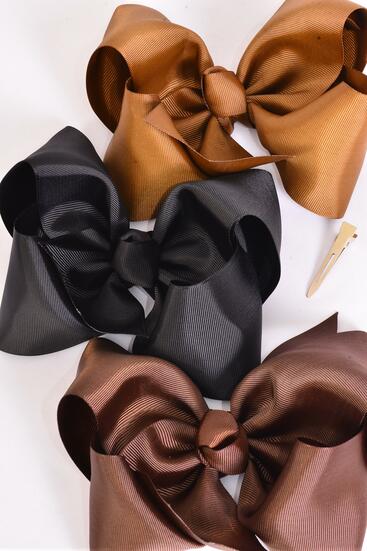 Hair Bow Extra Jumbo Cheer type Bow Brown tone Mix Grosgrain Bow-tie / 12 pcs Bow = Dozen Alligator Clip , Size - 8" x 7" Wide , 4 Black , 4 Dark Brown , 4 Light Brown Pattern Mix , Clip Strip & UPC Code