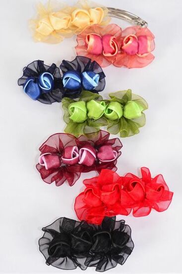 Hair Bow Flower Multi Satin French Clip / 12 pcs Bow = Dozen French Clip , Size - 4" x 2.5" , 2 Red , 2 Black , 2 Navy , 2 Burgundy , 2 Purple , 1 Green , 1 Mauve Mix, Hang Tag & Clip Strip