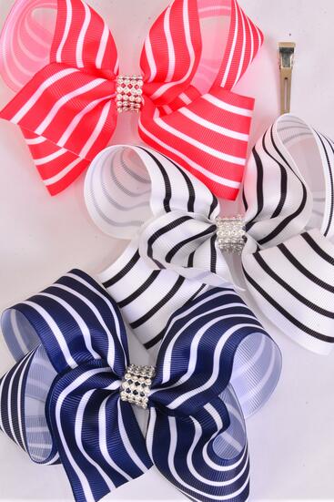 Hair Bow Jumbo Stripe Red White Navy Mix Grosgrain Bow-tie / 12 pcs Bow = Dozen Alligator Clip , Size - 6" x 5" Wide , 4 Red , 4 White , 4 Navy Pattern Asst , Clip Strip & UPC Code
