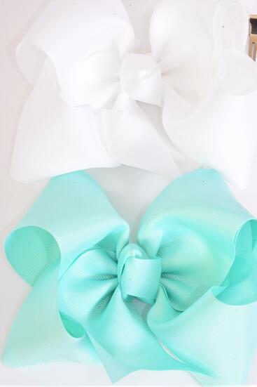 Hair Bow Extra Jumbo Cheer Type Bow Tropic and White Color Mix Grosgrain Bow-tie / 12 pcs Bow = Dozen  Alligator Clip , Size - 8" x 7" Wide , 6 Tropic , 6 White Color Asst , Clip Strip & UPC Code