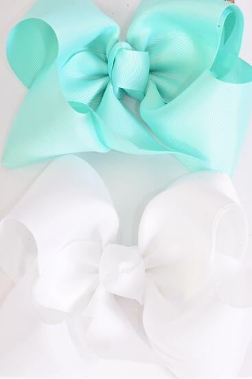 Hair Bow Extra Jumbo Cheer Type Bow Aqua White Mix Grosgrain Bow-tie / 12 pcs Bow = Dozen  Alligator Clip, Size - 8 x 7" Wide , 6 Aqua , 6 White Color Asst , Clip Strip & UPC Code