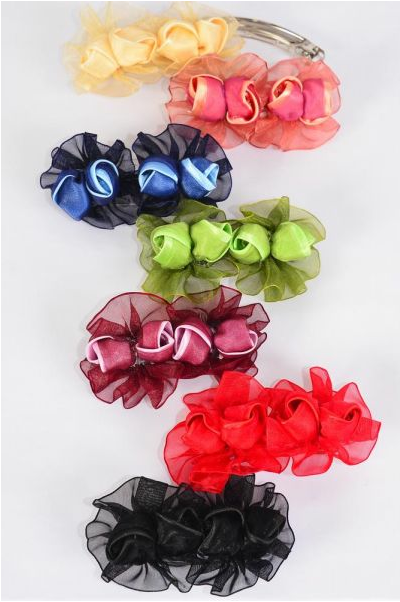 Hair Bow Flower Multi Satin French Clip / 12 pcs Bow = Dozen French Clip , Size - 4" x 2.5" , 2 Red , 2 Black , 2 Navy , 2 Burgundy , 2 Purple , 1 Green , 1 Mauve Mix, Hang Tag & Clip Strip