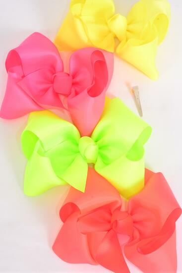 Hair Bow Extra Jumbo Cheer Type Bow Neon Color Mix Grosgrain Bow-tie / 12 pcs Bow = Dozen  Alligator Clip , Size - 8" x 7" Wide ,  3 Neon Pink , 3 Neon Orange , 3 Neon Lime , 3 Neon Yellow Color Asst , Clip Strip and UPC Code