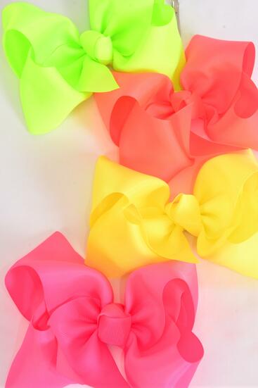 Hair Bow Extra Jumbo Cheer Type Bow Neon Color Mix Grosgrain Bow-tie / 12 pcs Bow = Dozen  Alligator Clip , Size - 8" x 7" Wide ,  3 Neon Pink , 3 Neon Orange , 3 Neon Lime , 3 Neon Yellow Color Asst , Clip Strip and UPC Code